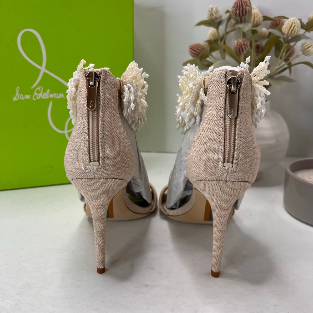 Sam Edelman Gillie Linen Beaded Shell Ankle Strap Heel Sand Heels Women 8M NWB - Picture 4 of 11